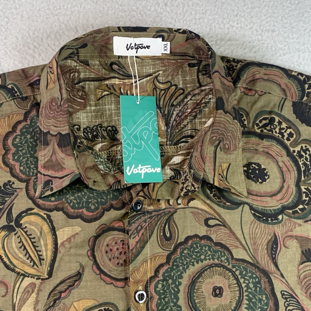 Vatpave Men's XXL Dark Orange/Green Floral Short Sleeve Button Up Hawaiian Shirt - Picture 2 of 7